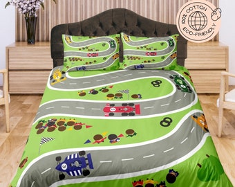 Race Track Cotton Duvet Cover Go Cart Quilt Cover, Green Bedding Set Toddler's Room Blanket Cover, Kid's Bedroom Bedspread