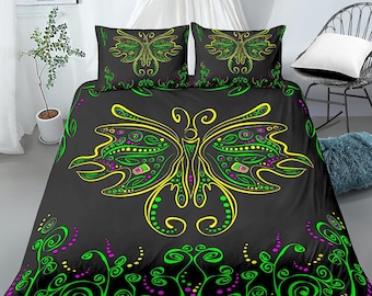 Hippie bedding luna moth green witchy decor dorm bedding, aesthetic duvet, boho bedding set full king queen, tattoo design, black bedspread