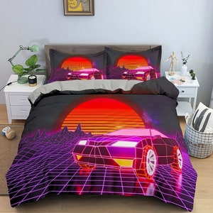 Vaporwave Retro Car in Sunset Bedding, Cool Hippie Duvet Cover Set for Boys Bedroom, Trippy Psychedelic Bed Cover, King Queen Full Twin Bed