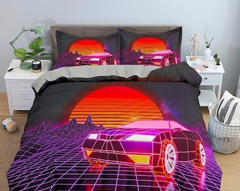 Vaporwave Retro Car in Sunset Bedding, Cool Hippie Duvet Cover Set for Boys Bedroom, Trippy Psychedelic Bed Cover, King Queen Full Twin Bed