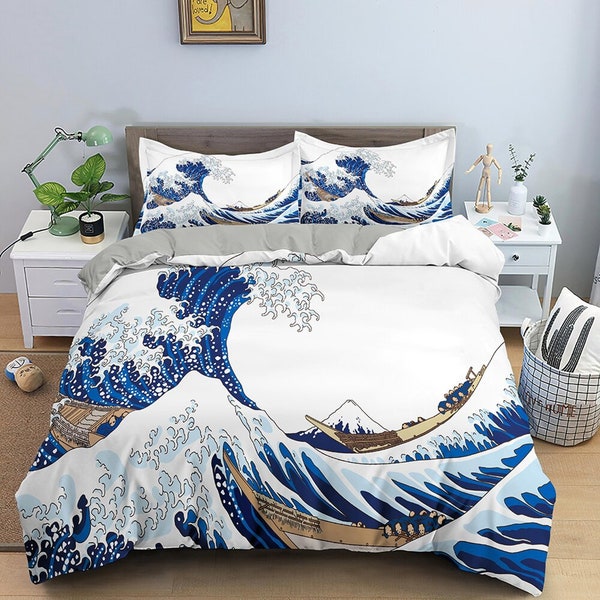 Great Wave Bedding, Japanese Bedding, Japanese Art Duvet Cover Set, Bed Coverlet, Aesthetic Duvet Cover King Queen Full Twin Double Single