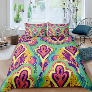 Artistic bright colors paisley duvet cover set, aesthetic room decor bedding set full, king, queen size, abstract boho bedspread