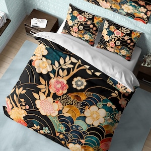 Colorful Fish Scale Quilt Cover Japanese Bedding Set, Cotton Duvet Cover Sakura Blanket Cover, Oriental Pattern Bedspread Cherry Blossom