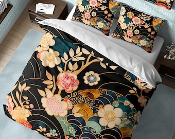 Colorful Fish Scale Quilt Cover Japanese Bedding Set, Cotton Duvet Cover Sakura Blanket Cover, Oriental Pattern Bedspread Cherry Blossom