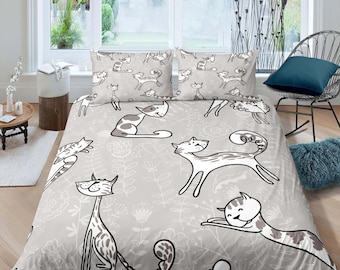 Playful Cat Bedding, Minimalist Floral Prints, Toddler Bedding, Kids Duvet Cover Set, Gift for Cat Lovers, Baby Bedding, Baby Shower Gift