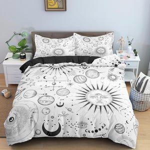 Celestial sun and moon bedding, witchy decor dorm bedding, aesthetic duvet, boho bedding set full king queen, astrology gifts, gothic art