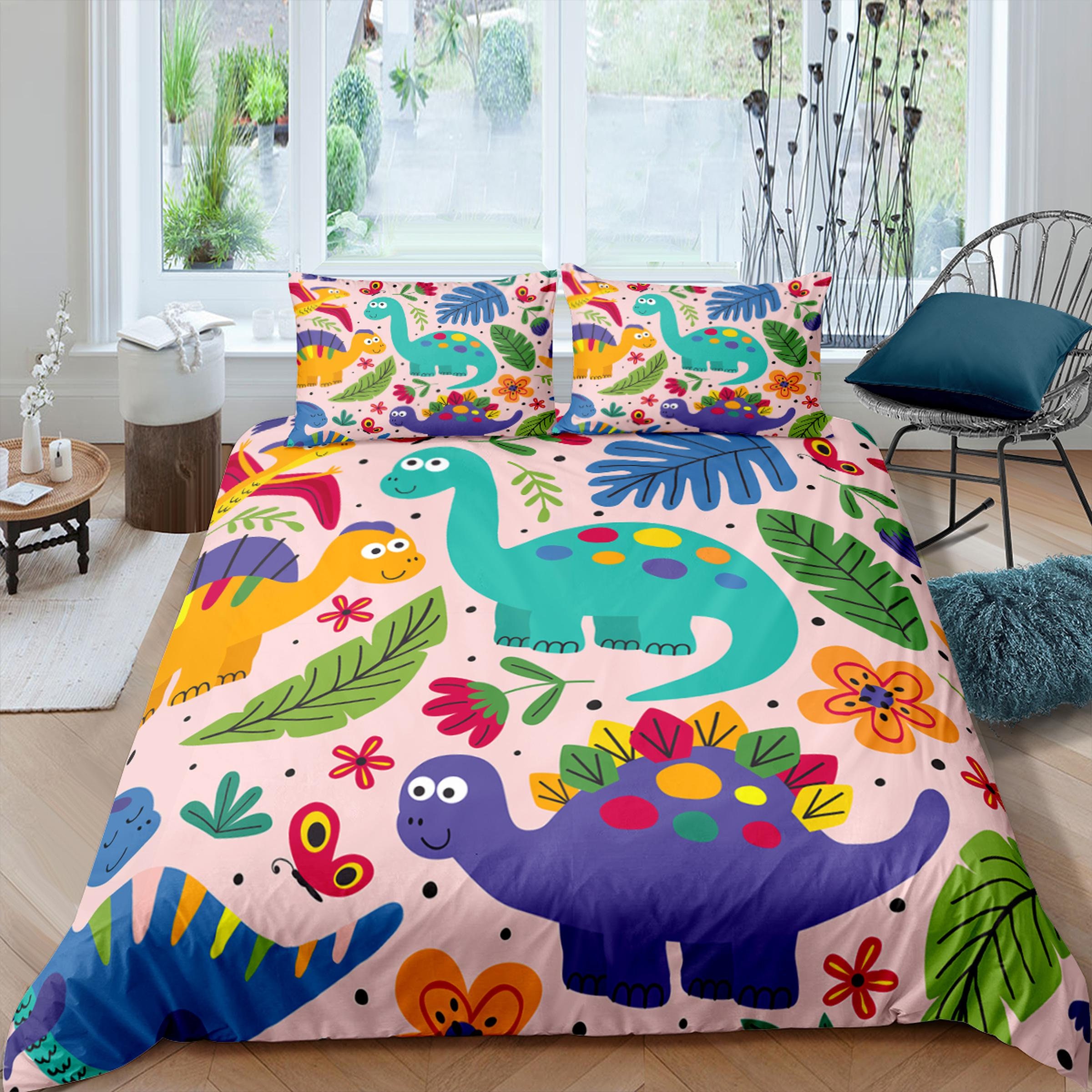 Homewish Kawaii Dinosaur Comforter Set - Full Size Ancient Animals Bedding For Kids & Teens