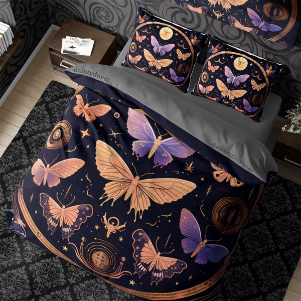 Metamorphosis Whimsigothic Duvet Cover Luna Moth Quilt Cover, Wizard Aesthetic Bedding Set Hippie Goth Bedspread, Butterfly Blanket Cover