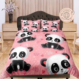Pink Cotton Duvet Cover Cute Panda Quilt Cover, Kid's Bedroom Blanket Cover Nursery Room Bedding Set, Baby Crib Bedspread Unique Bed Cover