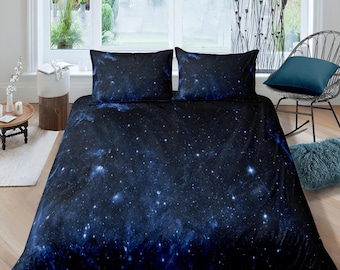 Galaxy dark blue bedding, 3D outer space bedding set full, cosmic duvet cover king, queen, dorm bedding, toddler bedding aesthetic duvet
