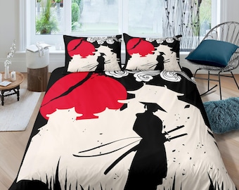 Samurai bedding, Japanese duvet cover set for king, queen, full, twin, single, bed, Bedding for boys, Anime lover gift, Japan culture