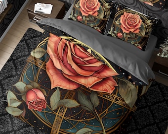 Vintage Rose Dark Royalty Aesthetic Duvet Cover Orange Flower Quilt Cover, Whimsigothic Bedding Set Hippie Bedspread, Witchcore Bed Cover