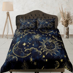 Celestial bedding sun and moon, witchy decor dorm bedding, aesthetic duvet, boho bedding set full king queen, astrology gifts, gothic art