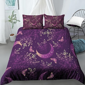 Celestial moon bedding purple, witchy decor dorm bedding, aesthetic duvet cover, boho bedding set full king queen, astrology gifts, gothic
