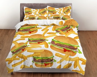 Hamburger Cotton Duvet Cover Fries Quilt Cover, Food Bedding Set Kids Bedroom Blanket Cover, Toddlers Room Bedspread Unique Bedcover