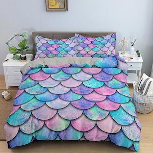 Mermaid Fish Scales Kids Duvet Cover Set, Colorful Toddler Bedding, Kids Bedroom, Cute Bedding, Duvet King Queen Full Twin Single