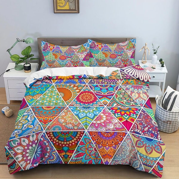 Colorful Mexican patchwork quilt printed duvet cover set, aesthetic room bedding set full, king, queen size, boho bedspread shabby chic