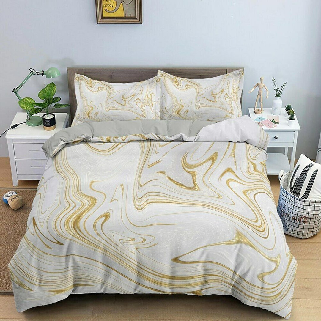Contemporary Bedroom Set Aesthetic Duvet Cover, Luxury Gold Marble