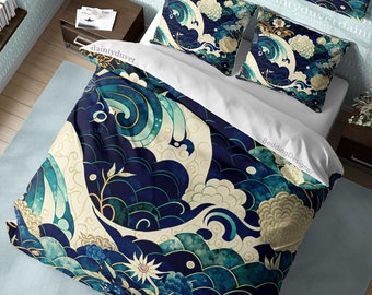 Kanagawa Great Wave Duvet Cover Japanese Pattern Bedding Set, Cotton Duvet Cover Oriental Pattern Blanket Cover, Adults Room Bed Cover