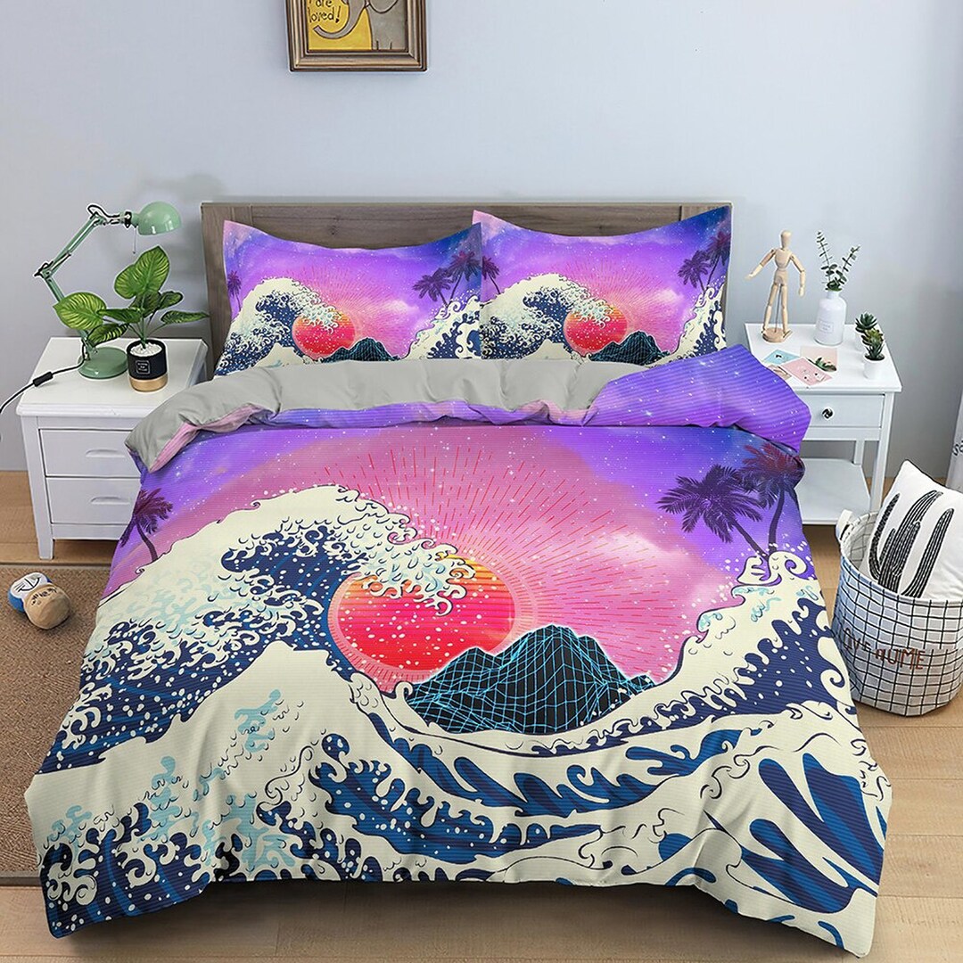 The Great Wave of Kanagawa Bedding, Vaporwave Hippie Bedding, Japanese ...