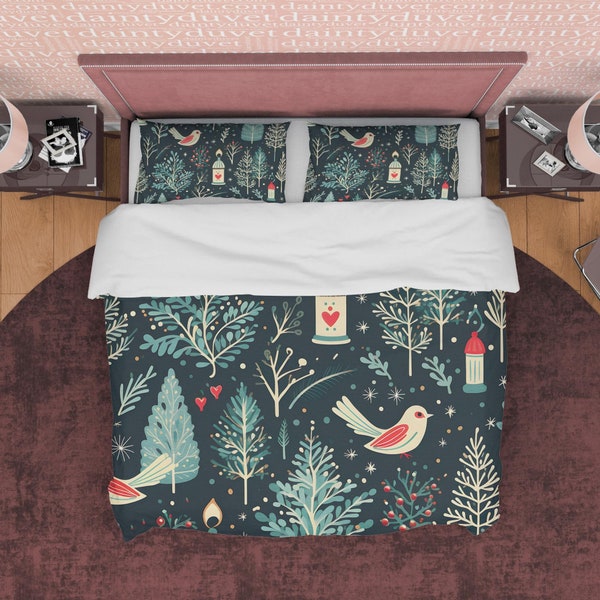 Red Accented Fancy Bird and Christmas Tree Bedding, Aesthetic Duvet Cover Set, Green Quilt Cover, Full, King, Queen, Toddler, Holiday Gift