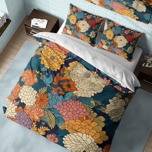 Vibrant Color Duvet Cover Japanese Flower Quilt Cover, Chrysanthemum Bedding Set Retro Blanket Cover, Grandmas Gift Adult Bedroom Bed Cover