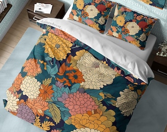 Vibrant Color Duvet Cover Japanese Flower Quilt Cover, Chrysanthemum Bedding Set Retro Blanket Cover, Grandmas Gift Adult Bedroom Bed Cover