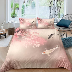 Koi fish pink oriental bedding, Floral prints on Japanese duvet cover set for king, queen, full, twin, single, toddler, Minimalist bedding