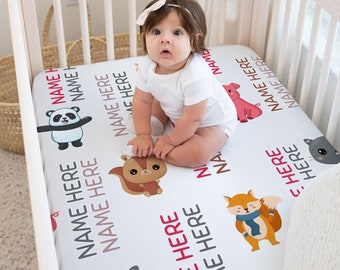 Couverture avec prénom personnalisé animaux de la forêt, draps pour lit de bébé panda renard raton laveur, drap de lit en coton, nouveau-né fille garçon unisexe, cadeau personnalisé