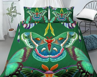 Celestial luna moth green bedding, witchy decor dorm bedding, aesthetic duvet, boho bedding set full king queen, astrology gifts, gothic art