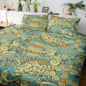 Yellow and blue paisley boho bedding, maximalist duvet cover, dorm bedding, aesthetic duvet cover set, unique bedspread master bedroom
