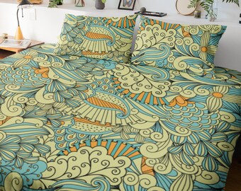 Yellow and blue paisley boho bedding, maximalist duvet cover, dorm bedding, aesthetic duvet cover set, unique bedspread master bedroom