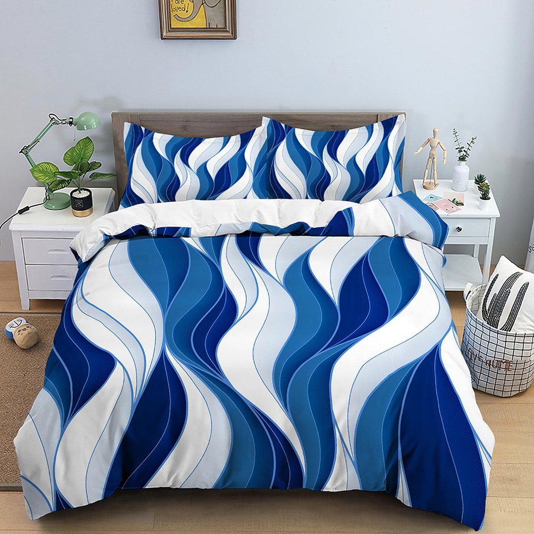 Mid Century Modern Bedroom Art Set White and Blue Duvet Cover