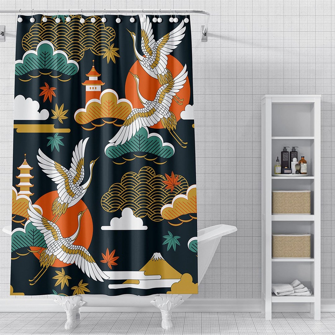 Japanese Shower Curtain Art Designer Curtain With Crane Bird Etsy