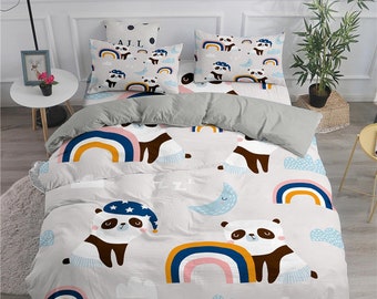 Panda boho rainbow duvet cover kids, bedding set full, king, queen, dorm bedding, toddler bedding, aesthetic bedspread, panda lovers gift