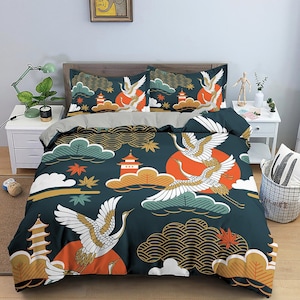 Dark green oriental bedding set cover, crane bird, pagoda and cherry blossom floral prints on Japanese duvet cover, king, queen, full, twin