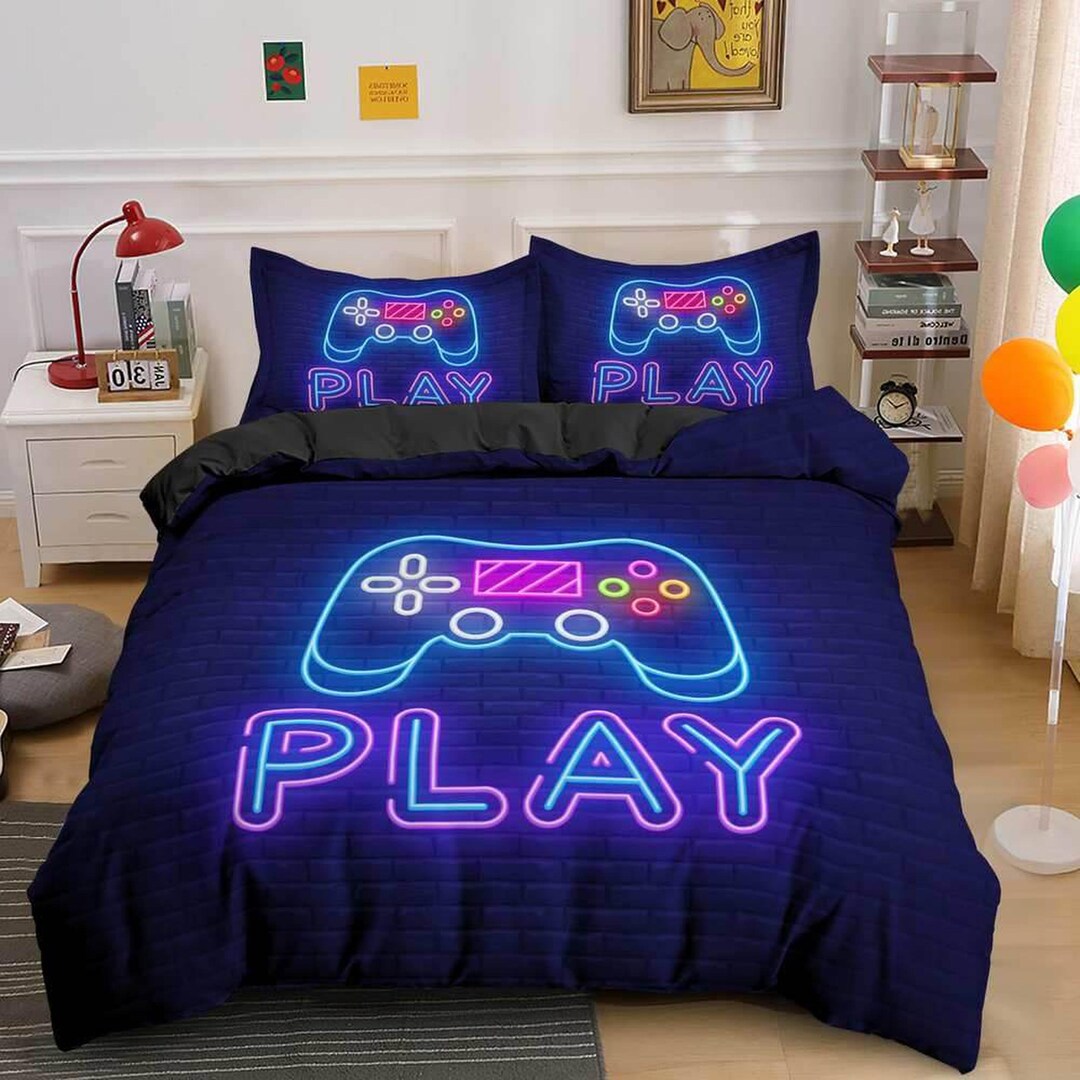 Neon Lights PLAY Gamer Bedding Duvet Cover, Video Gamer Boyfriend Gift