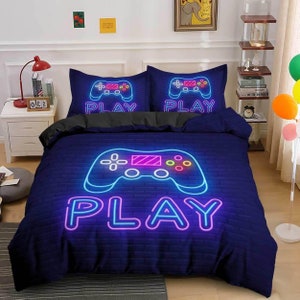 ネオンライトPLAYゲーマー寝具掛け布団カバー、ビデオゲーマーの彼氏へのギフト寝具セット（フルサイズ、キングサイズ、クイーンサイズ、ツインサイズ）、男の子の寝室、大学の寮の寝具