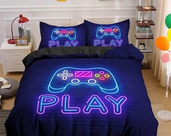 Neon Lights PLAY Gamer Bedding Duvet Cover, Video Gamer Boyfriend