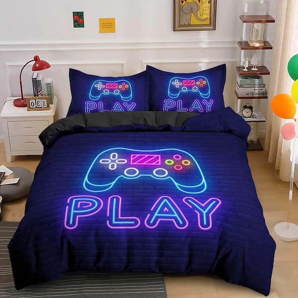 Neon lights PLAY gamer bedding duvet cover, video gamer boyfriend gift bedding set full king queen twin, boys bedroom, college dorm bedding