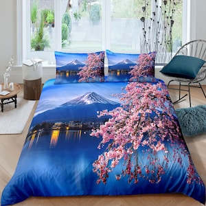 Cherry blossoms and Mt. Fuji printed bedding, Japanese duvet cover set for king, queen, full, twin, single, toddler, Zipper bedding