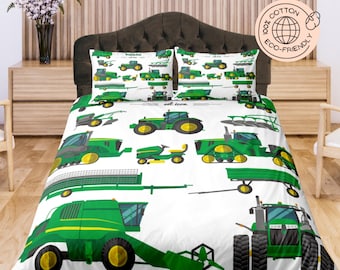 Green Tractor Print Duvet Cover Set, Soft bed set, Kids Bedding Set, Farm Vehicle Bedroom Set, Fun Tractor Bedspread, Childrens Quilt Cover