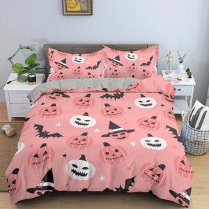 Cute pink halloween bedding & pillowcase, witchy duvet cover set dorm bedding, halloween decor, nursery toddler bedding, halloween gift