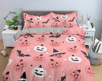 Cute pink halloween bedding & pillowcase, witchy duvet cover set dorm bedding, halloween decor, nursery toddler bedding, halloween gift