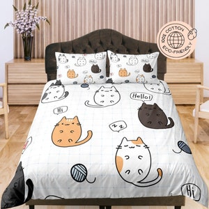 Cartoon kat dekbedovertrekset, schattige dierenbeddengoed, witte en veelkleurige dekbedovertrek, zachte bedset, kinderkamerset, leuke kattensprei