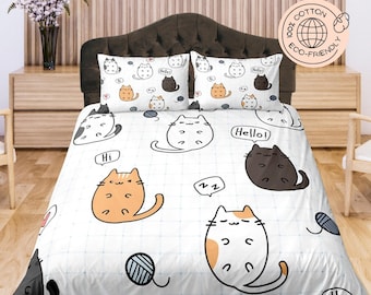 Cartoon Cat Duvet Cover Set, Cute Animal Bedding Set, White and Multicolor Quilt Cover, Soft Bed set, Kids Bedroom Set, Fun Cat Bedspread