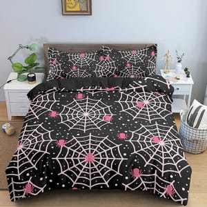 Pink spider web halloween bedding & pillowcase, black duvet cover set dorm bedding, halloween decor, nursery toddler bedding, halloween gift