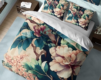 Cherry Blossom Duvet Cover Sakura Quilt Cover, Pink Flower Bedding Set Japanese Floral Blanket Cover, Girly Bedspread Teens Bed Cover