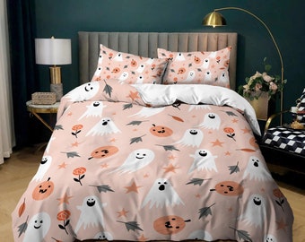 Cute halloween bedding & pillowcase, ghost pumpkin duvet cover set dorm bedding, halloween decor, nursery toddler bedding, halloween gift