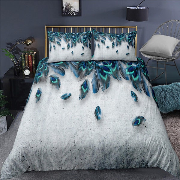 Grey duvet cover with peacock feather aesthetic bedding set full, luxury duvet queen, king, boho duvet, designer bedding, maximalist decor